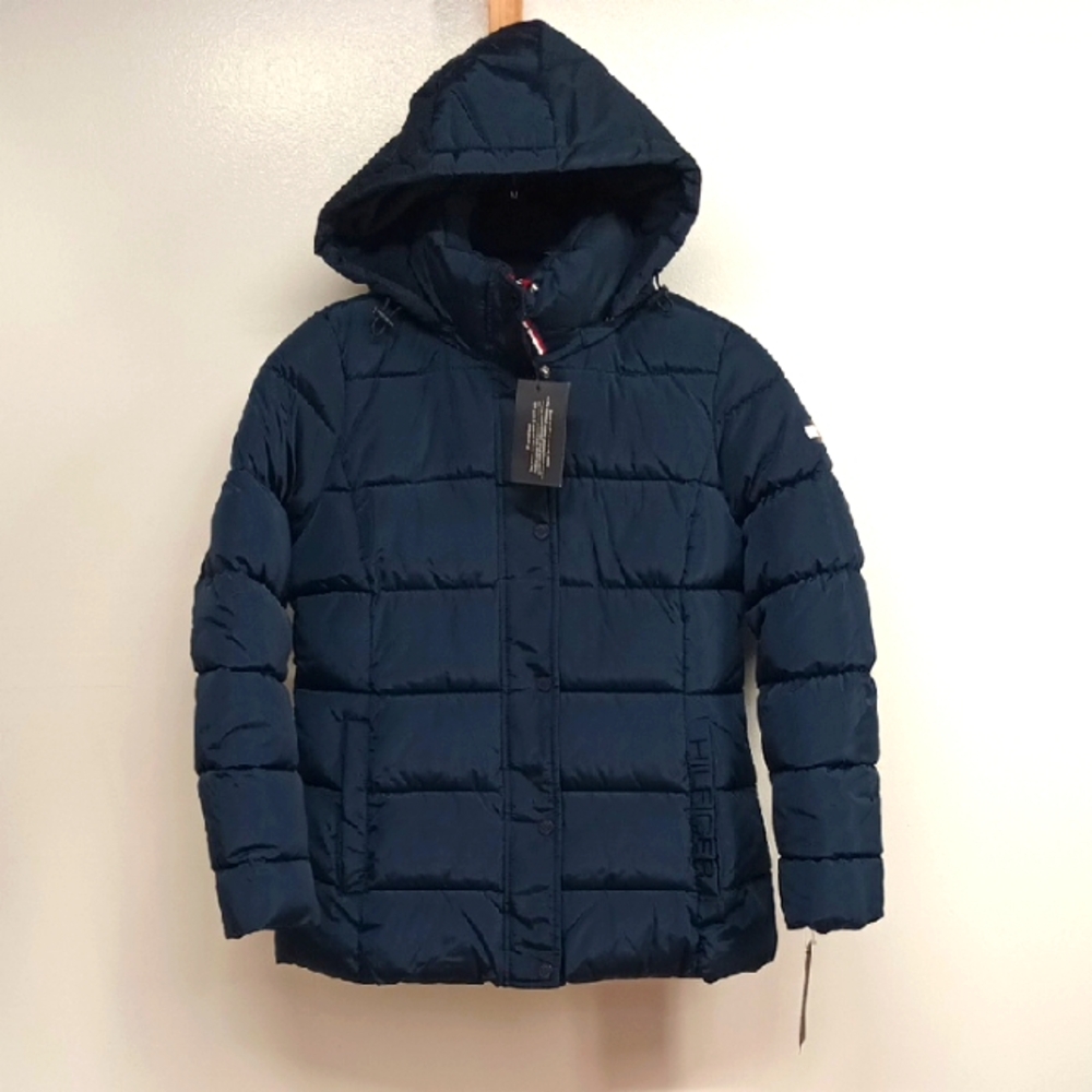 Tommy Hilfiger navyblue winter puffer Jacket small hooded full zipper unisex New